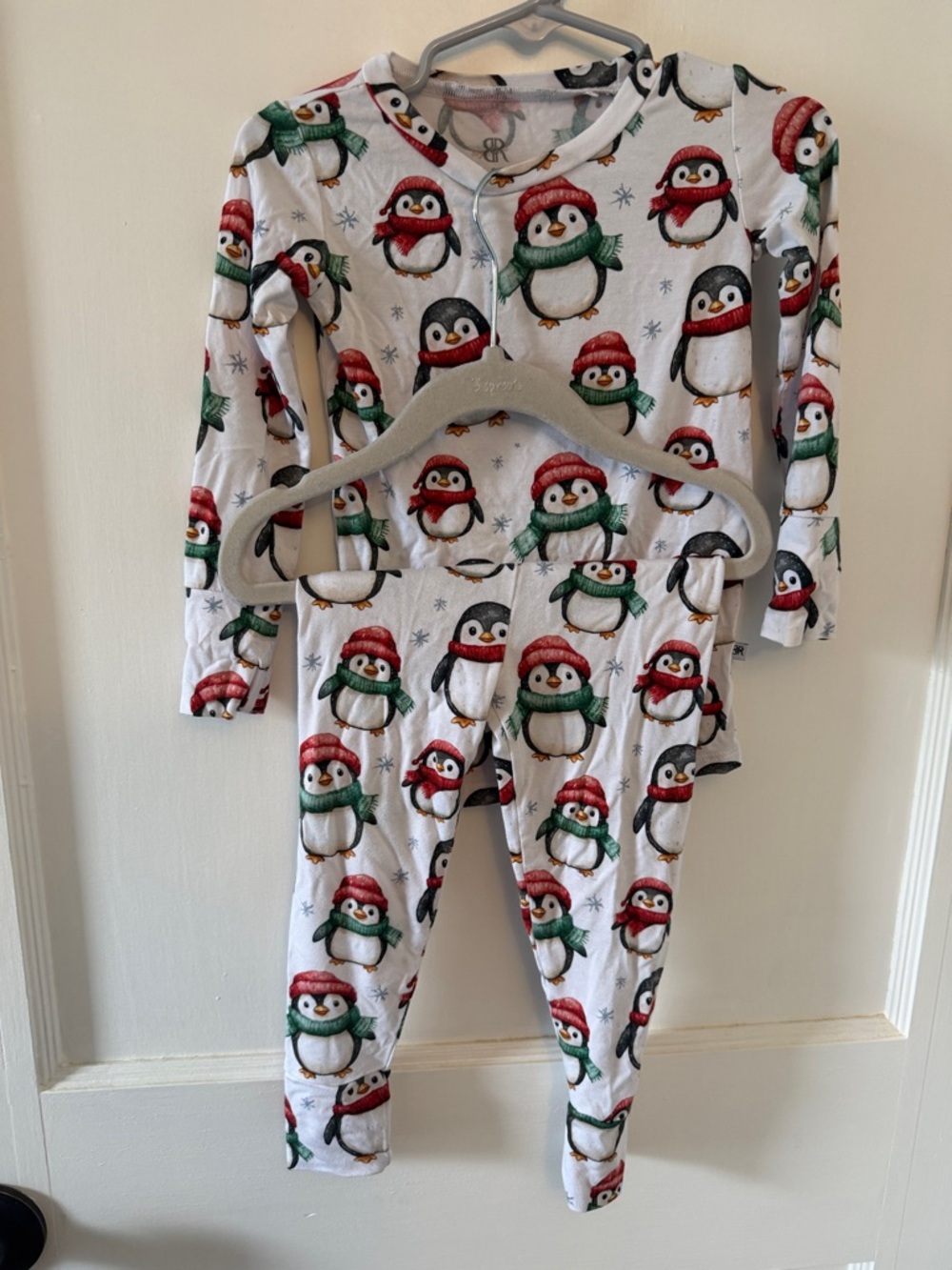 Kids Holiday Penguin Pajama Set - White with Red & Green
